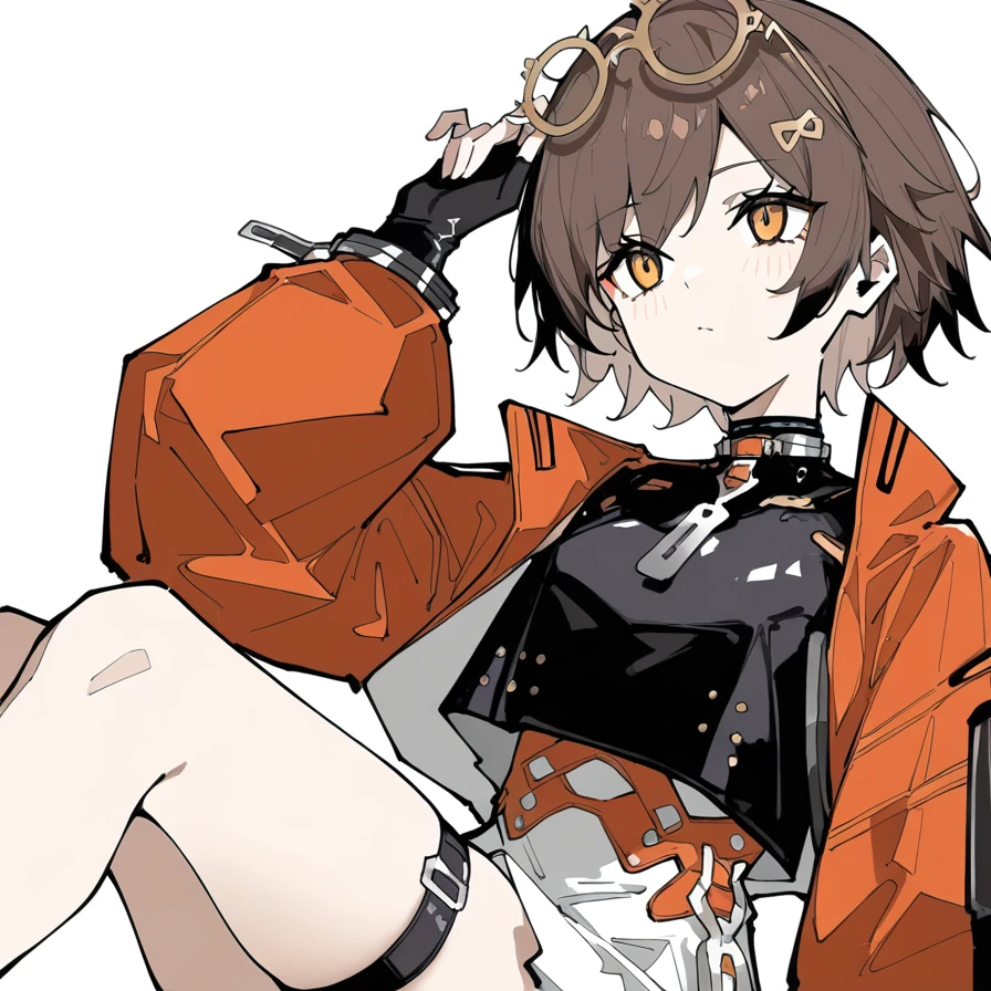 1girl,solo,simple background,white background,qianqiu,,looking_at_viewer,eyewear on head,from_side,<lora:qianqiu-000008:0.8>, masterpiece, best quality, very aesthetic, absurdres