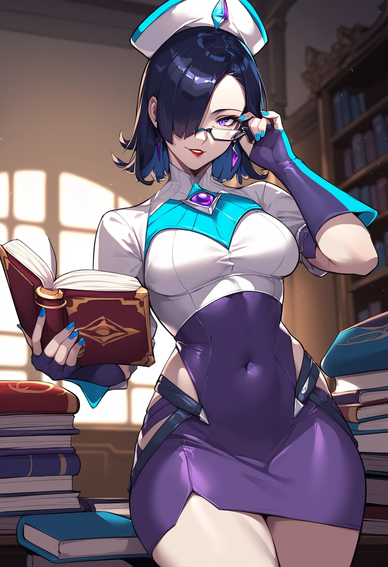 score_9, score_8_up, score_7_up, BREAK source_anime,  best quality, masterpiece, uncensored,  
shiro, 1girl, dark blue hair, ponytail, glasses, big breasts, ear piercings, jewelry, earrings, necklace, hair over one eye, makeup, dark blue mage outfit, library, night time, magic circle in hand, cowboy shot,
