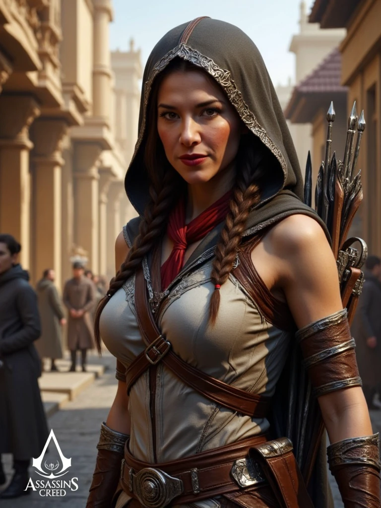 a highly detailed digital artwork in a realistic style, depicting a fierce female archer. The subject has a determined expression, with piercing eyes and a slight frown. She wears a hooded cloak with intricate detailing, primarily in shades of dark gray and black, which covers her head and part of her face. Her hair is styled in braids that drape over her shoulders. 

The archer is dressed in a sleeveless, white top with a brown leather strap across her chest, and a red scarf tied around her neck. She also wears brown leather bracers on her forearms and a brown belt with a sheathed knife attached to her right hip. Her left arm is wrapped in bandages, and she holds a bow with a quiver of arrows slung over her back. The bow is made of dark wood and features metallic accents.

The background is a bustling street scene with ancient, ornate buildings in shades of brown and gold, suggesting an Asian or Middle Eastern setting. The light source appears to be from the right, casting warm shadows and highlighting the textures of the clothing and the archer's features. The overall mood is one of readiness and adventure. Below you can read the title of Assassin's creed  game series, "ASSASSIN'S CREED"