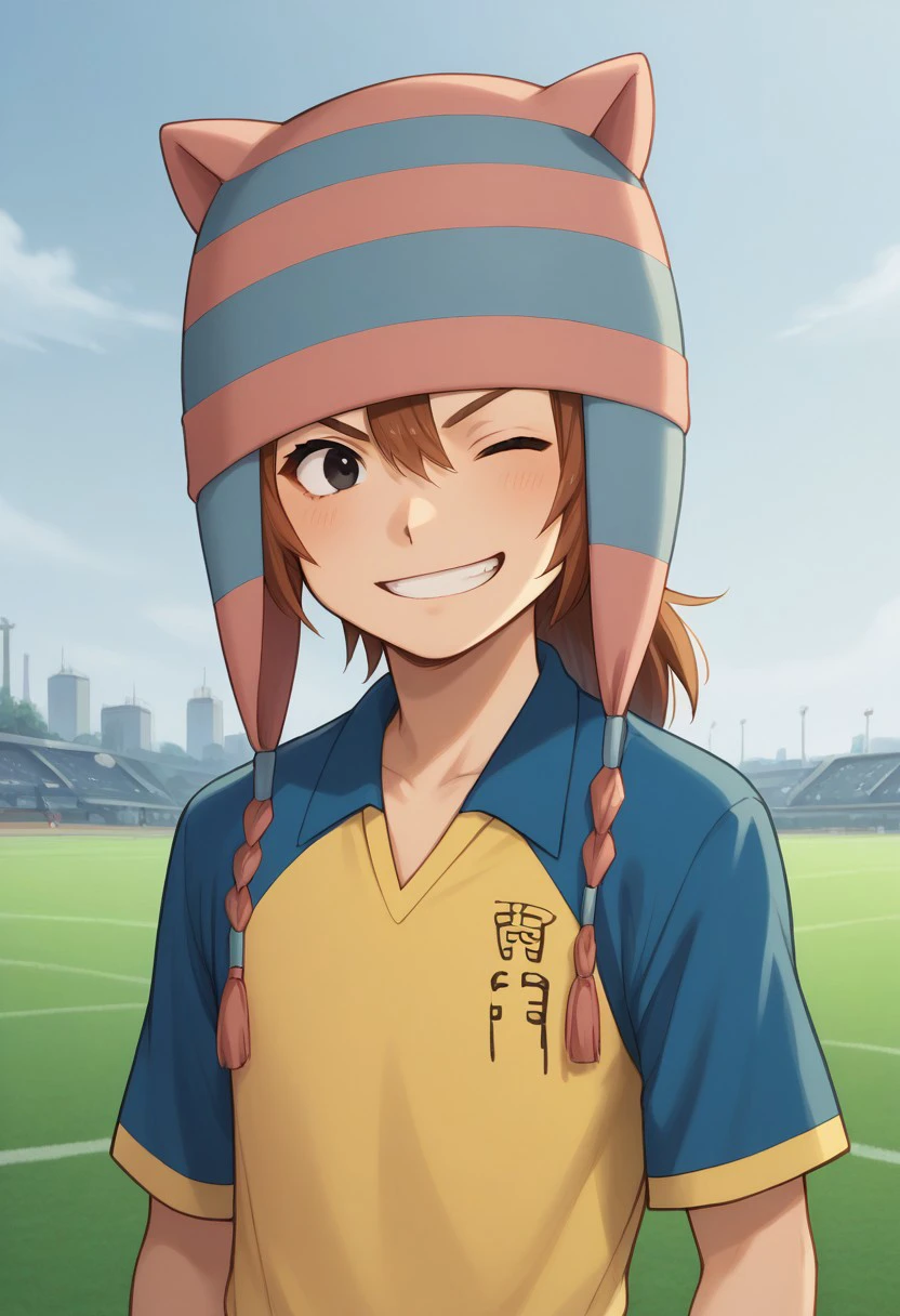 score_9, score_8_up, score_7_up, source_anime, highly detailed, 
matsuno, 1boy, male focus, solo, brown hair, black eyes, hat, animal hat, sportwear, raimon, soccer uniform, raimon soccer uniform, shirt, raglan sleeves, blue shirt, yellow shirt, short sleeves, upper body, smile, grin, one eye closed,
outdoor,