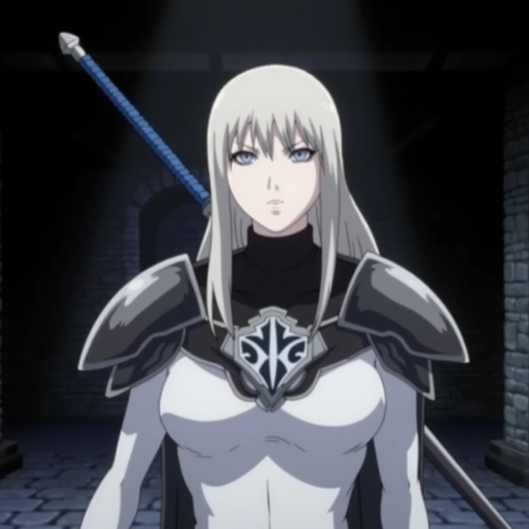 A detailed upper body shot of a female claymore warrior with long light grey hair. She has bluish silver eyes with a soft expression on her face. She is wearing the claymore warrior armor over a full white body suit with a black high turtle neck that has a white emblem on the center of it. She has a blue handled sword on her back. She is looking toward the viewer. The background is a dark dungeon interior with uniform brick along the floor and walls.