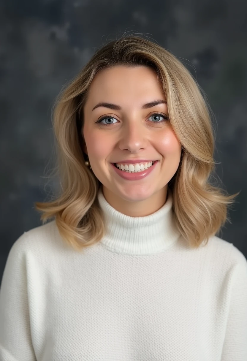 (EmmaHeester_V1),close-up, editorial photograph of a woman wearing a turtleneck sweater, (dirty blonde hair), ((grin512:1.4)), (background inside dark, moody, private study:1.3) , POV, by lee jeffries, nikon d850, film stock photograph ,4 kodak portra 400 ,camera f1.6 lens ,rich colors ,hyper realistic ,lifelike texture, dramatic lighting , cinestill 800