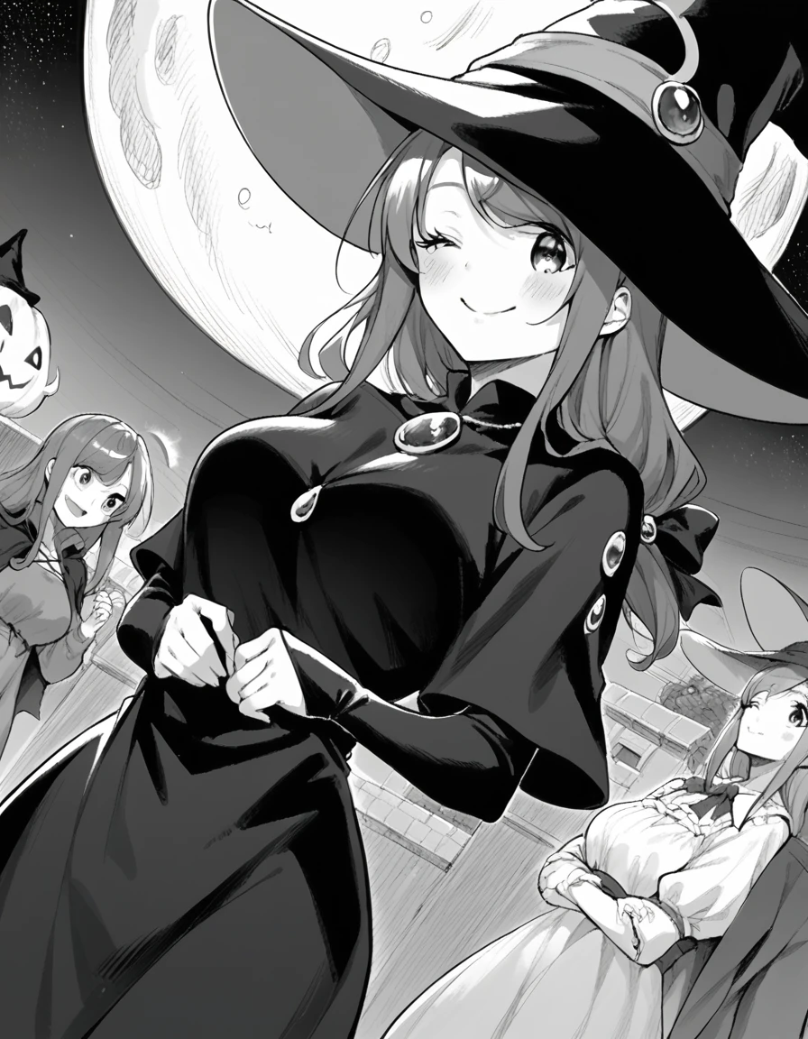 score_9, score_8_up, score_7_up, source_anime, <lora:maya-akitsu-manga-ponyxl-lora-nochekaiser:1>, maya akitsu, long hair, bangs, monochrome, greyscale, large breasts,, <lora:witch-ponyxl-lora-nochekaiser:1>, witch, hat, witch hat, dress, halloween, halloween costume, jewelry,, night, moon, blush, smile, one eye closed,, , dutch angle, cowboy shot