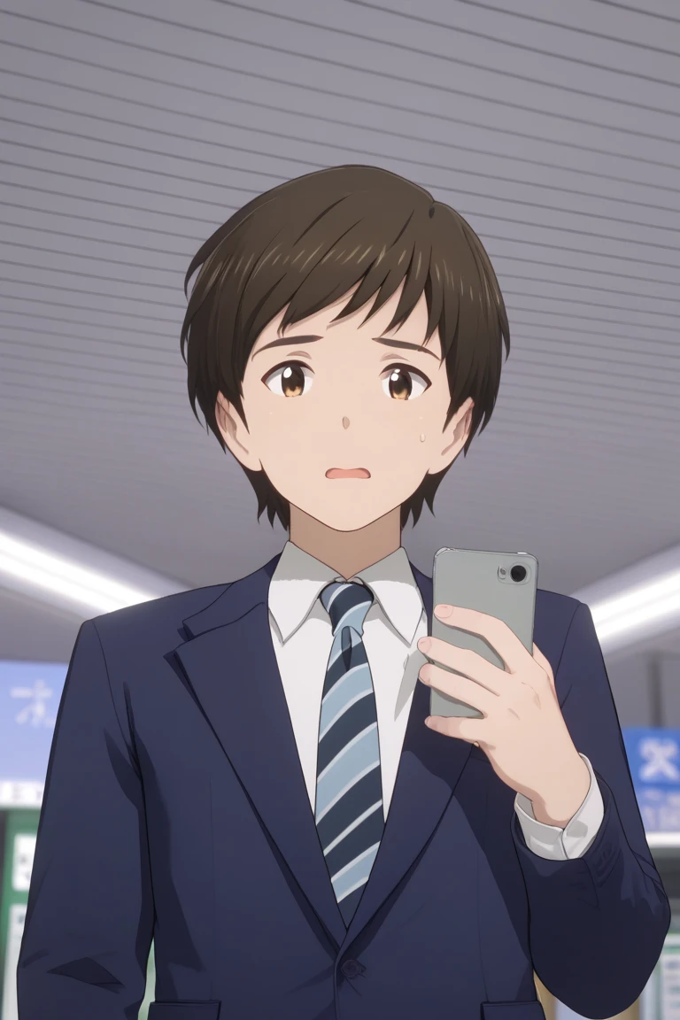 score_9, score_8_up, score_7_up, score_6_up, score_5_up, score_4_up, nakamurap, brown hair, brown eyes, 1boy, phone, male focus, necktie, cellphone, solo, open mouth, holding phone, sweatdrop, smartphone, holding, jacket, shirt, blue necktie, indoors, short hair, white shirt, blurry, blurry background, collared shirt