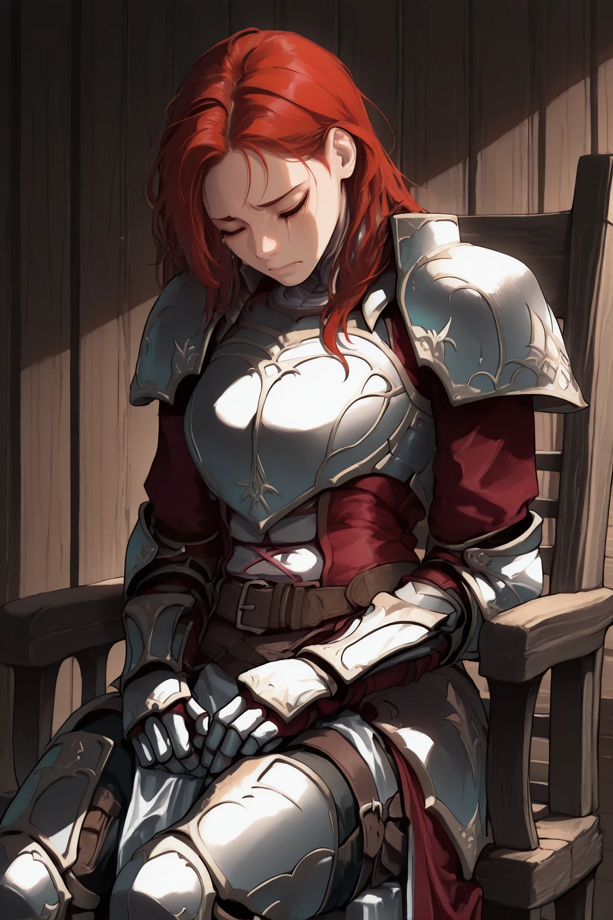 masterpiece, best quality, 1girl, solo,  <lora:fetitania-illu-nvwls-v1-000005:1> dfttna, red hair, armor, shoulder armor, red coat, gauntlets, belt, pelvic curtain, pants, armored boots, sitting, chair, indoors, closed eyes, sad, single tear, wooden chair, wooden building