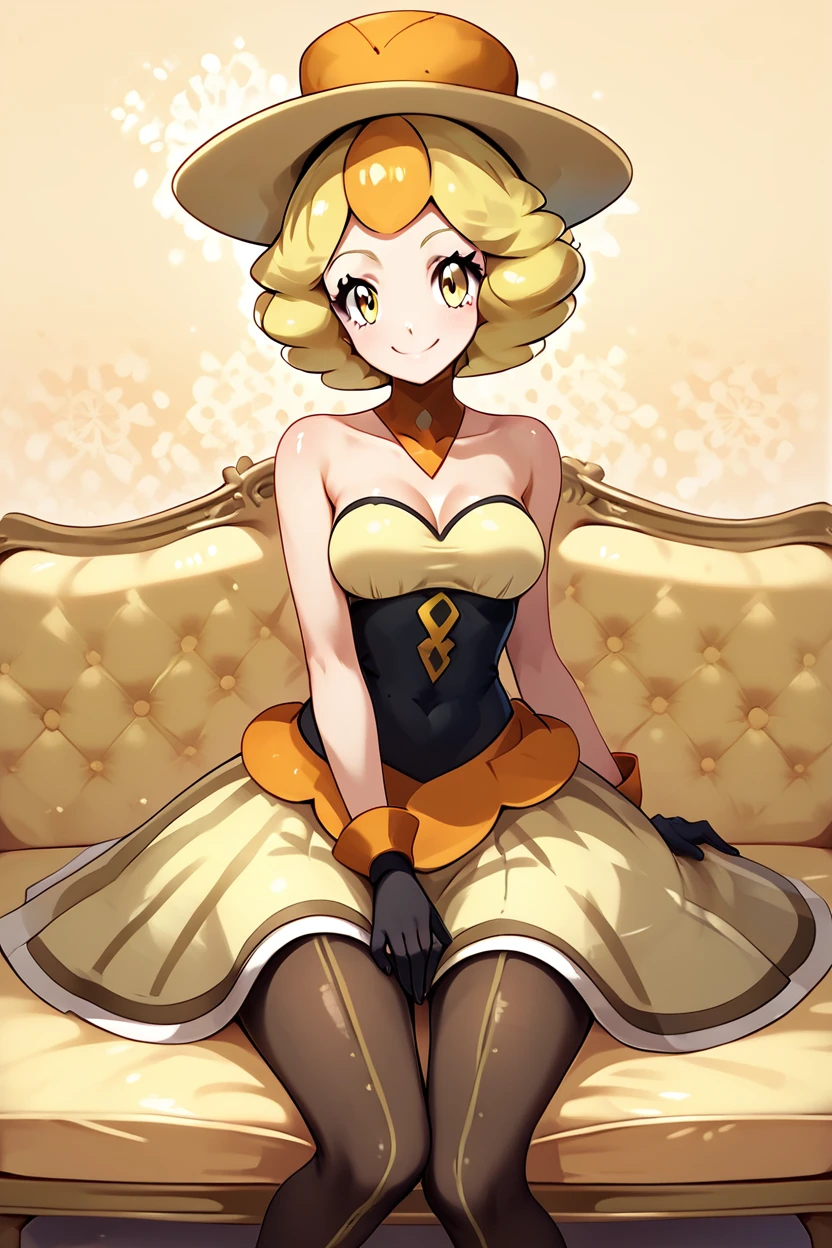 score_9, score_8_up, score_8, medium breasts, (curvy), cute, eyelashes,       ,,, , ,,,   zzNita, yellow eyes, blonde hair, short hair, yellow hat, yellow dress, bare shoulders, black gloves, pantyhose, <lora:Nita_Pokemon_PDXL:1.0>,       ,,,, BREAK, ,,, smile, looking at viewer, blush, blurry, couch, sitting, ,,, shiny skin, <lora:ProAnime_PDXL_v1:0.7>, ,,, embedding:zPDXL, Expressiveh, <lora:SDXLFaeTastic2400:0.5>, <lora:Expressive_H-000001:0.4>,