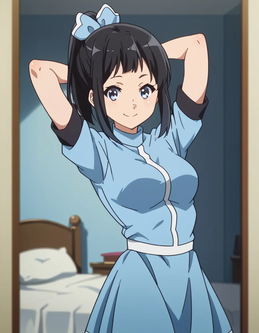 score_9, score_8_up, score_7_up, source_anime, <lora:azusa-sasaki-s2-ponyxl-lora-nochekaiser:1>, azusa sasaki, blue eyes, black hair, bow, ponytail, hair bow, medium breasts,, dress, blue dress,, hotel room, bed, desk, mini fridge, room service, smile, hands behind head,, looking at viewer, solo,, dutch angle, cowboy shot