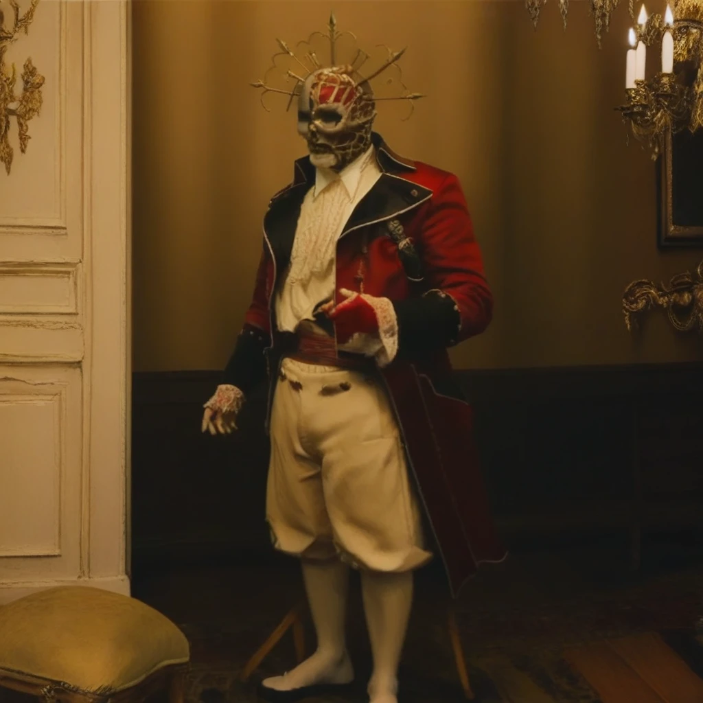 redjackdp, A full-body portrait of Red Jack standing in a dimly lit, grand room with Victorian decor. He wears a red military coat with gold embroidery, a white ruffled shirt, black lapels, and a red sash belt. His face is half-covered with a skeletal mask, and an ornate gold crown with spikes rests on his head. He stands with a sinister expression, white gloved hands by his side, intense gaze looking forward. The atmosphere is dark and gothic, with shadows emphasizing the dramatic details of his outfit and skeletal mask.