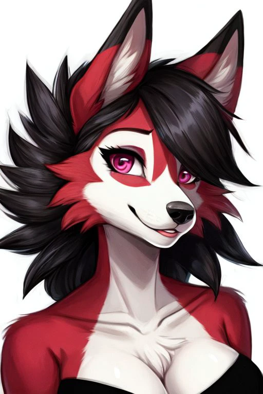 Furry female, Anthro furry, lycanroc, close shot, Pokémon red and black fur, character, black bra, close up, red/purple multi coloured eyes, multicoloured fur, multi coloured hair