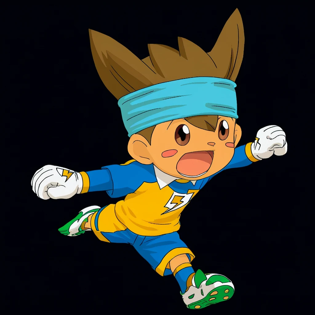 nishizonoshinsuke, ogstyle, brown eye, brown hair, spike hair, pink blush marks, small nose, solo, male focus, 1boy, brown hair, headband, gloves, open mouth, soccer uniform, sportswear, white background, lightning bolt symbol, full body, simple background, brown eyes