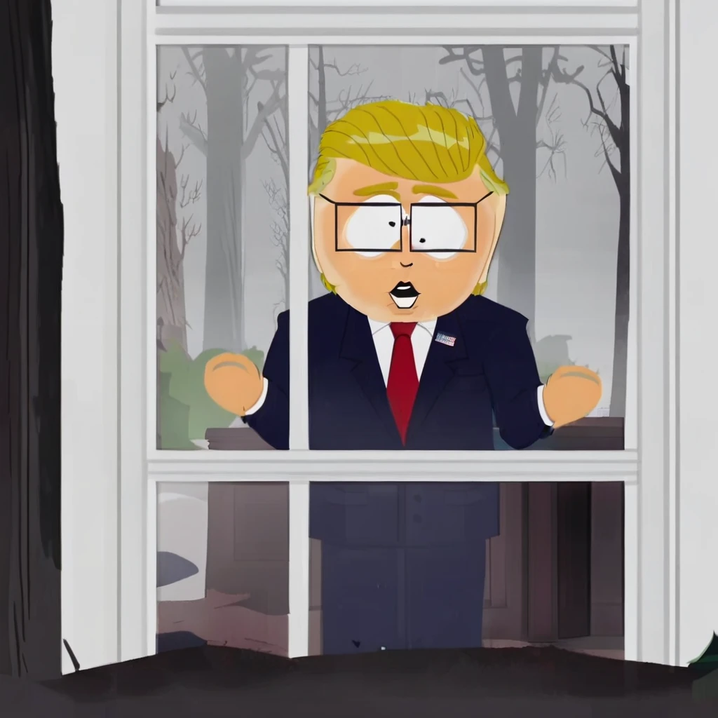 mr. garrison from south park, 1male, black dot eyes, glasses, blonde hair, face tan,
 dark navy suit with red tie, stank face,
window, tree, woods, window,