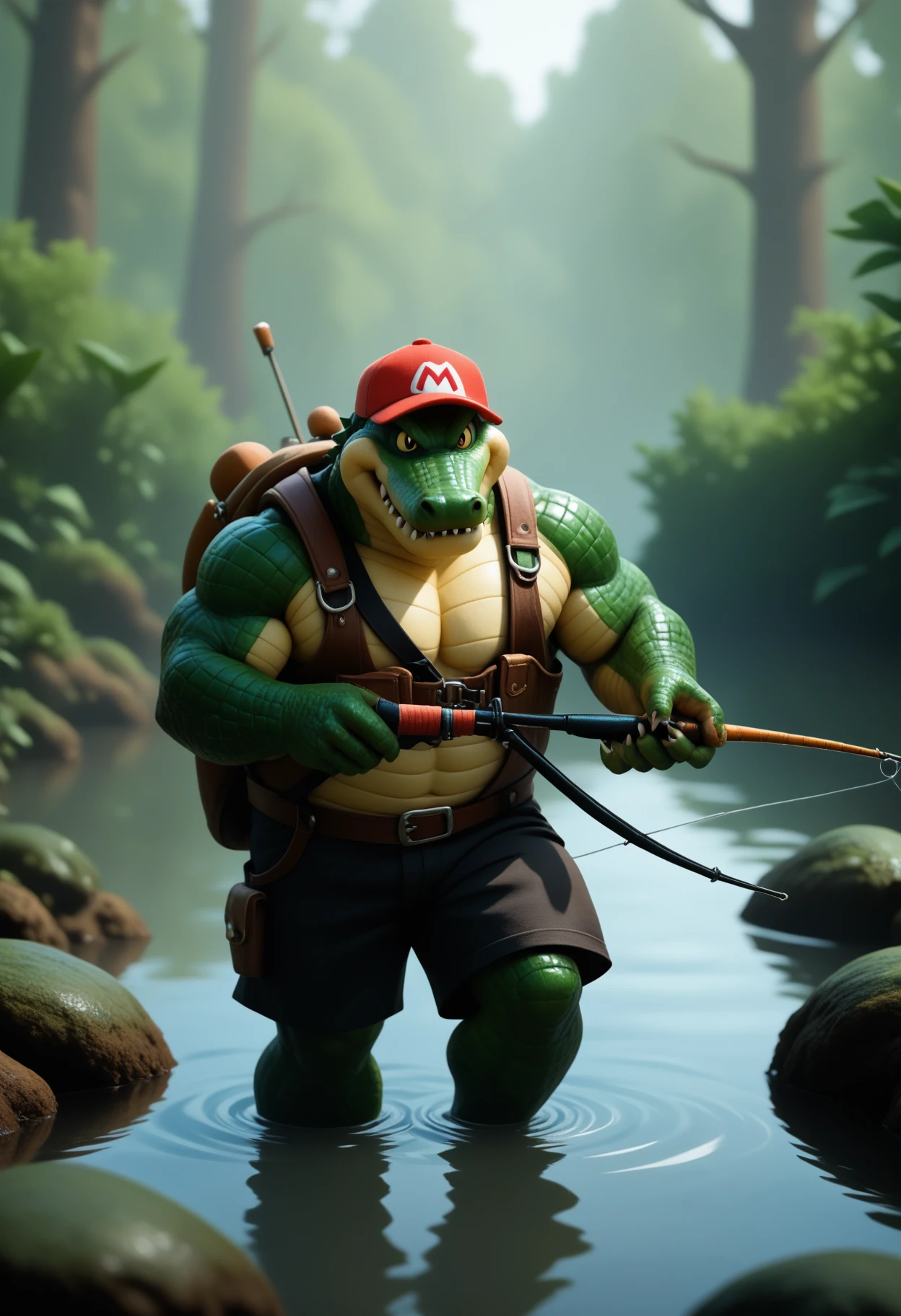 mariorpgstyle, safe_pos, score_9, score_8_up, score_7_up, 1boy, solo, crocodile, muscular, fishing, holding, fishing rod, swamp, baseball cap, black shorts