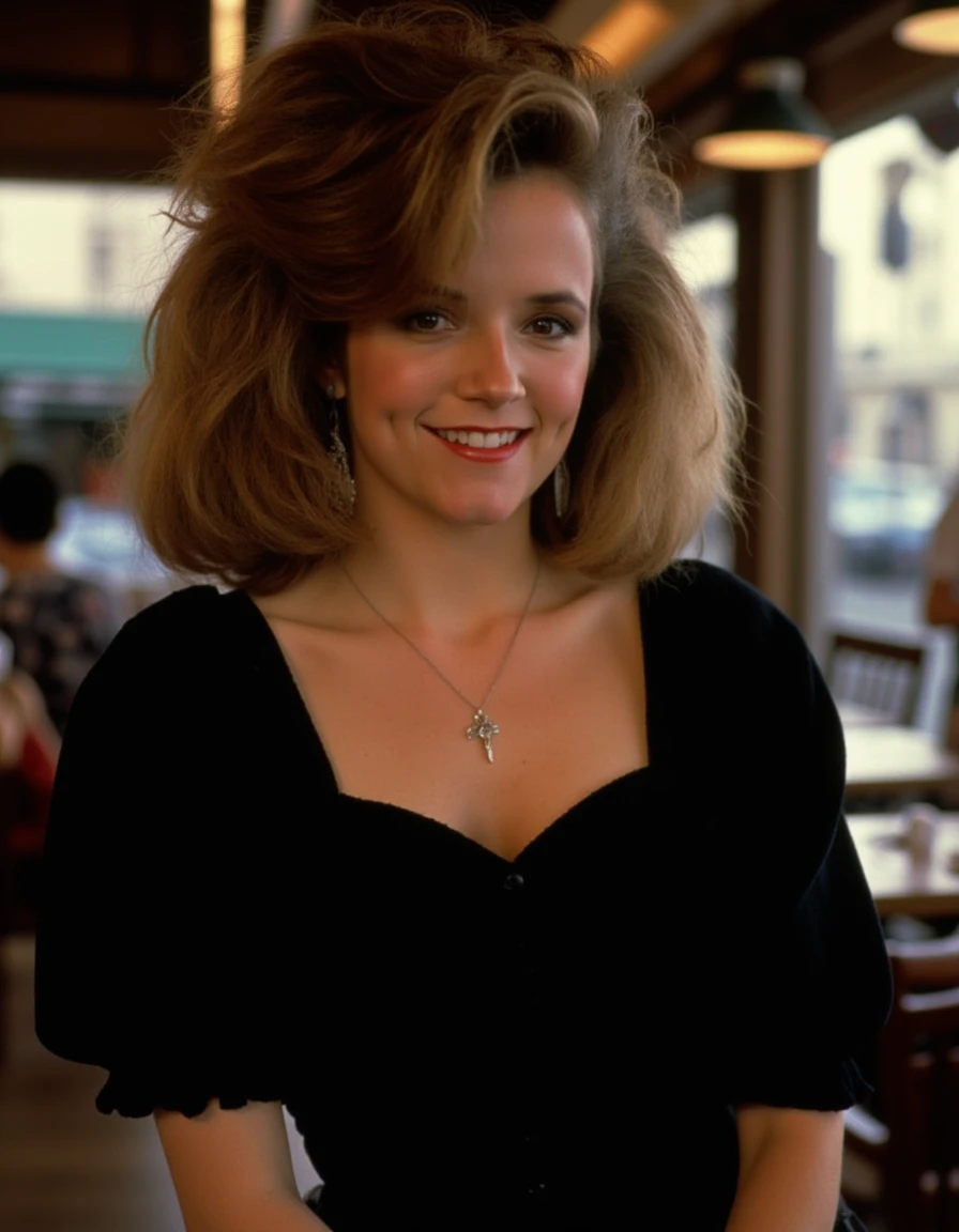 <lora:Lea_Thompson_1980s_Flux:1.3> This is an image of a women, beautiful detailed photograph, 1980s style big hair, crimped hair, teased hair, makeup, wearing a black dress, necklace, standing in cafe looking at the viewer, smile