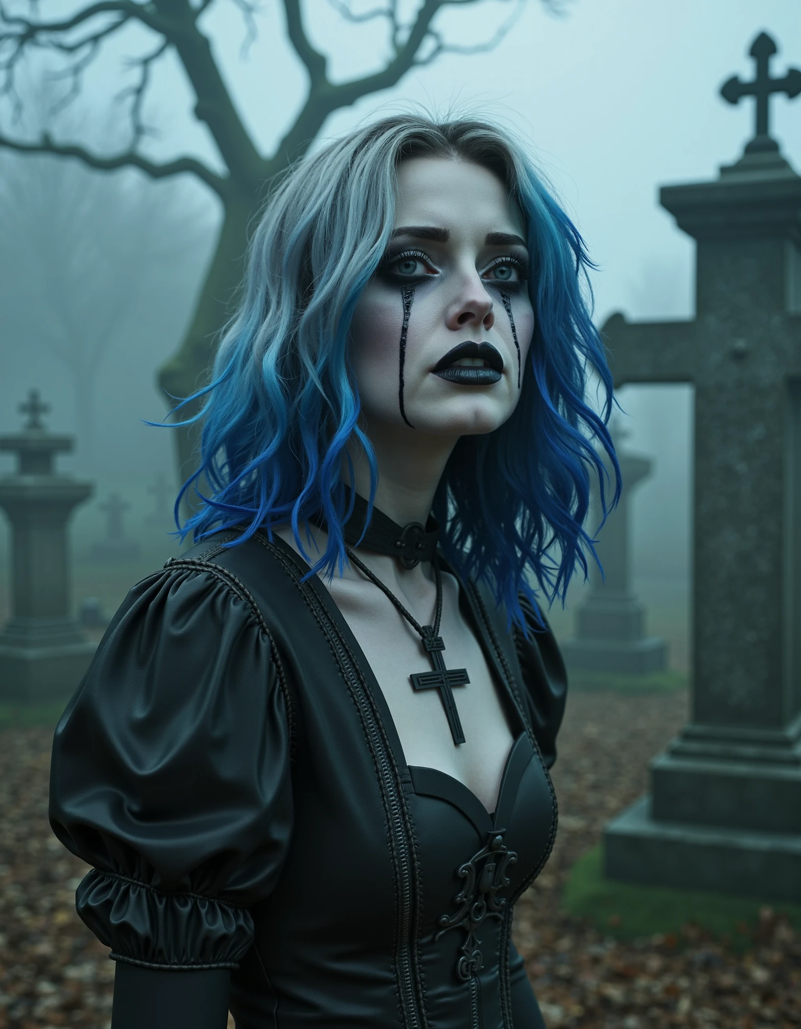 zavy-lch, Close-up shot from a low angle, a young woman lich with pale white skin and medium-length hair dyed in twilight blue and silver, her black makeup and mascara running down her cheeks as if she has been crying, surrounded by a dark, foggy graveyard filled with ancient tombstones and twisted trees, cinematic style with a soft focus to evoke a haunting atmosphere, muted pastel colors contrasted with deep shadows to enhance the eerie mood.