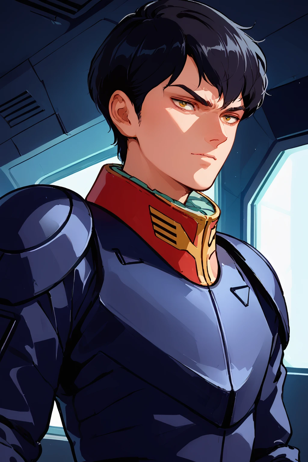 sci-fi illustration, gyunei, solo male, handsome face, black hair, (slim-build:1.2), wearing space suit with red and yellow collar, <lora:gyunei:0.8>, (interior space colony), (score_9, score_8_up, score_7_up)