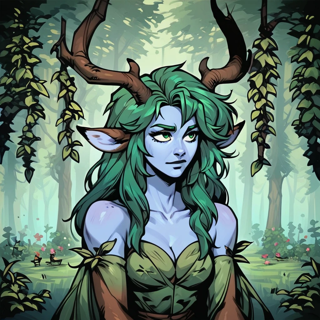 female focus, solo focus, solo, score_9, score_8_up, score_7_up, DarkestVintagestyle <lora:DarkestVintagestyle:1>  1 girl, dryad, satyr, faun, blue skin, green hair, long hair, wooden horns, horns, antlers