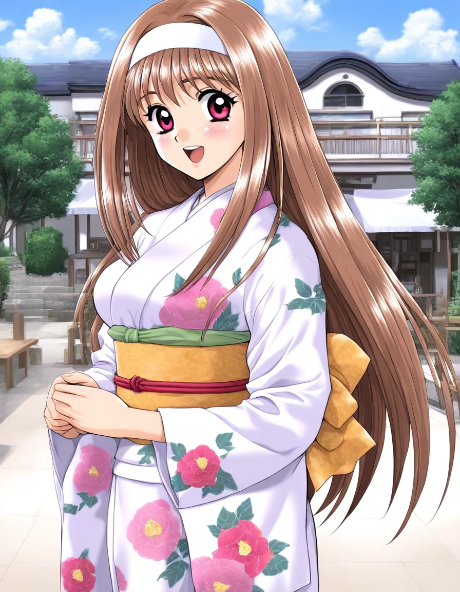 masterpiece, best quality, good quality, <lora:Yuuki_Mizuho_IS:1>YuukiMizuho, 1girl, solo, long hair, brown hair, white hairband, red eyes, breasts, open mouth,
1girl, japanese clothes, kimono, solo, sash, blush, outdoors, day, smile, sky, floral print, tree, cloud, looking at viewer, pink eyes, building, upper body, long sleeves, 
bed, room,