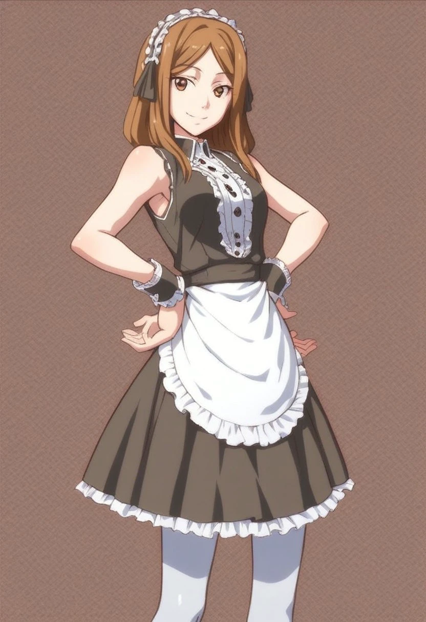 score_9, score_8_up, score_7_up, 
m4r10n ,Marion ,1girl, solo, long hair, looking at viewer, smile, brown hair, dress, brown eyes, pantyhose, hairband, frills, sleeveless, apron, wrist cuffs, maid, maid headdress, white pantyhose, hands on hips