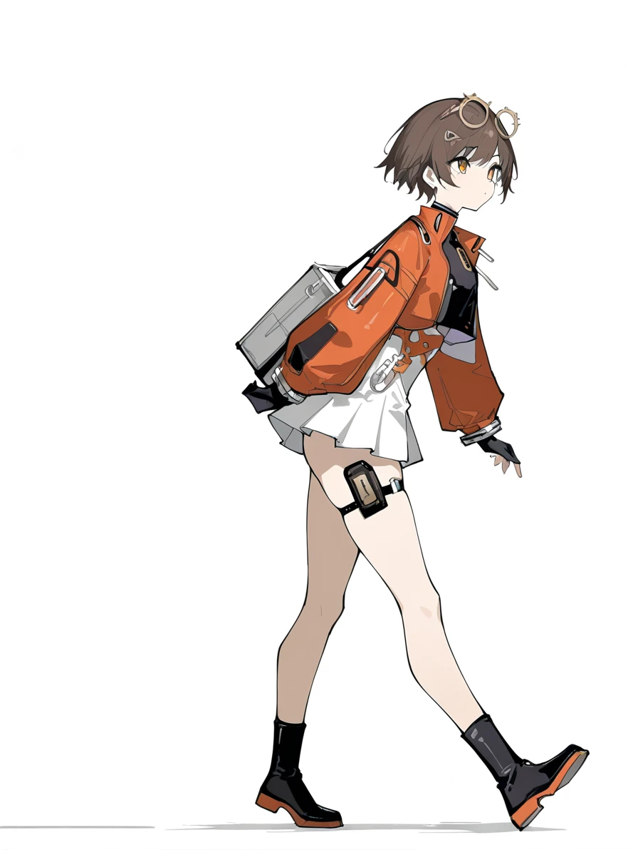 1girl,solo,simple background,white background,qianqiu,,looking_at_viewer,eyewear on head,from_side,walking,full body,<lora:qianqiu-000008:0.8>, masterpiece, best quality, very aesthetic, absurdres