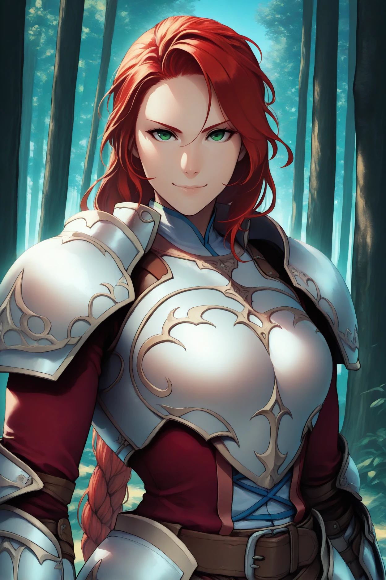 masterpiece, best quality, 1girl, solo,  <lora:fetitania-illu-nvwls-v1-000005:1> defttna, red hair, green eyes, braided ponytail, armor, shoulder armor, red coat, gauntlets, belt, pelvic curtain, pants, upper body, looking at viewer, serious, smile, forest, blue sky