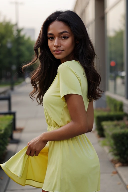 headshot, yellow shirt dress, a breathtaking glamour photo of a beautiful woman,  <lora:AngelaGartenV1:1>, dark-skin female, long hair,  looking at viewer, smile:0.5, dutch angle, simple background,   PA7_Portrait-MCU, detailed skin texture, (blush:0.2), (goosebumps:0.3), subsurface scattering