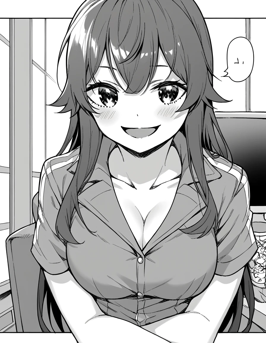 score_9, score_8_up, score_7_up, source_anime, <lora:hashira-harumachi-manga-ponyxl-lora-nochekaiser:1>, hashira harumachi, long hair, bangs, monochrome, greyscale, large breasts,, shirt, cleavage, collarbone, jacket, short sleeves, jacket on shoulders,, home office, working from home, computer screen, coffee cup, focus, deadline, smile, <lora:x-arms-ponyxl-lora-nochekaiser:1>, x arms, blush, open mouth, leaning forward,, looking at viewer, solo,, dutch angle, cowboy shot