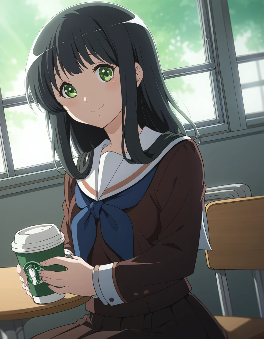 score_9, score_8_up, score_7_up, source_anime, <lora:sari-yoshii-s3-ponyxl-lora-nochekaiser:1>, sari yoshii, long hair, bangs, black hair, green eyes,, school uniform, serafuku, neckerchief, kitauji high school uniform, brown shirt, white sailor collar, blue neckerchief, brown skirt, pleated skirt,, cafe, coffee cup, barista, sitting down, talking, relaxing, sunlight through window, smile, hands on stomach, blush,, looking at viewer, solo,, dutch angle, cowboy shot