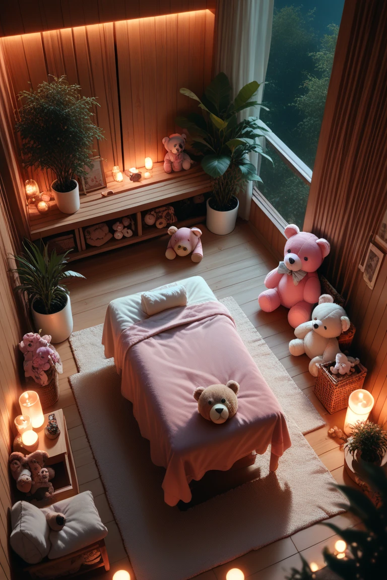 score_9, score_8_up, score_7_up, source_anime, rating_safe, night, midnight, pink theme, stuffed toy, plushie, teddy bear, natural lighting, sauna focus, CandiSPA, from above, negative space, intricately detailed illustration, depth of field, atmospheric perspective, realistic shading