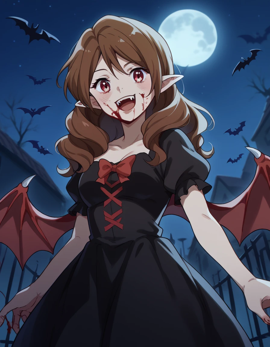 score_9, score_8_up, score_7_up, source_anime, <lora:mamiko-oumae-s2-ponyxl-lora-nochekaiser:1>, mamiko oumae, long hair, brown hair, red eyes, medium breasts,, <lora:vampire-ponyxl-lora-nochekaiser:1>, vampire, red eyes, pointy ears, fangs, black dress, wings, blood, blood on face, blood on mouth, bat (animal), halloween, halloween costume, upper teeth only, night, moon, blush, smile, open mouth, , dutch angle, cowboy shot