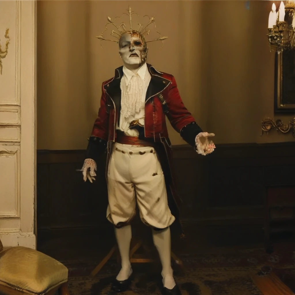 redjackdp, A full-body portrait of Red Jack standing in a dimly lit, grand room with Victorian decor. He wears a red military coat with gold embroidery, a white ruffled shirt, black lapels, and a red sash belt. His face is half-covered with a skeletal mask, and an ornate gold crown with spikes rests on his head. He stands with a sinister expression, white gloved hands by his side, intense gaze looking forward. The atmosphere is dark and gothic, with shadows emphasizing the dramatic details of his outfit and skeletal mask.