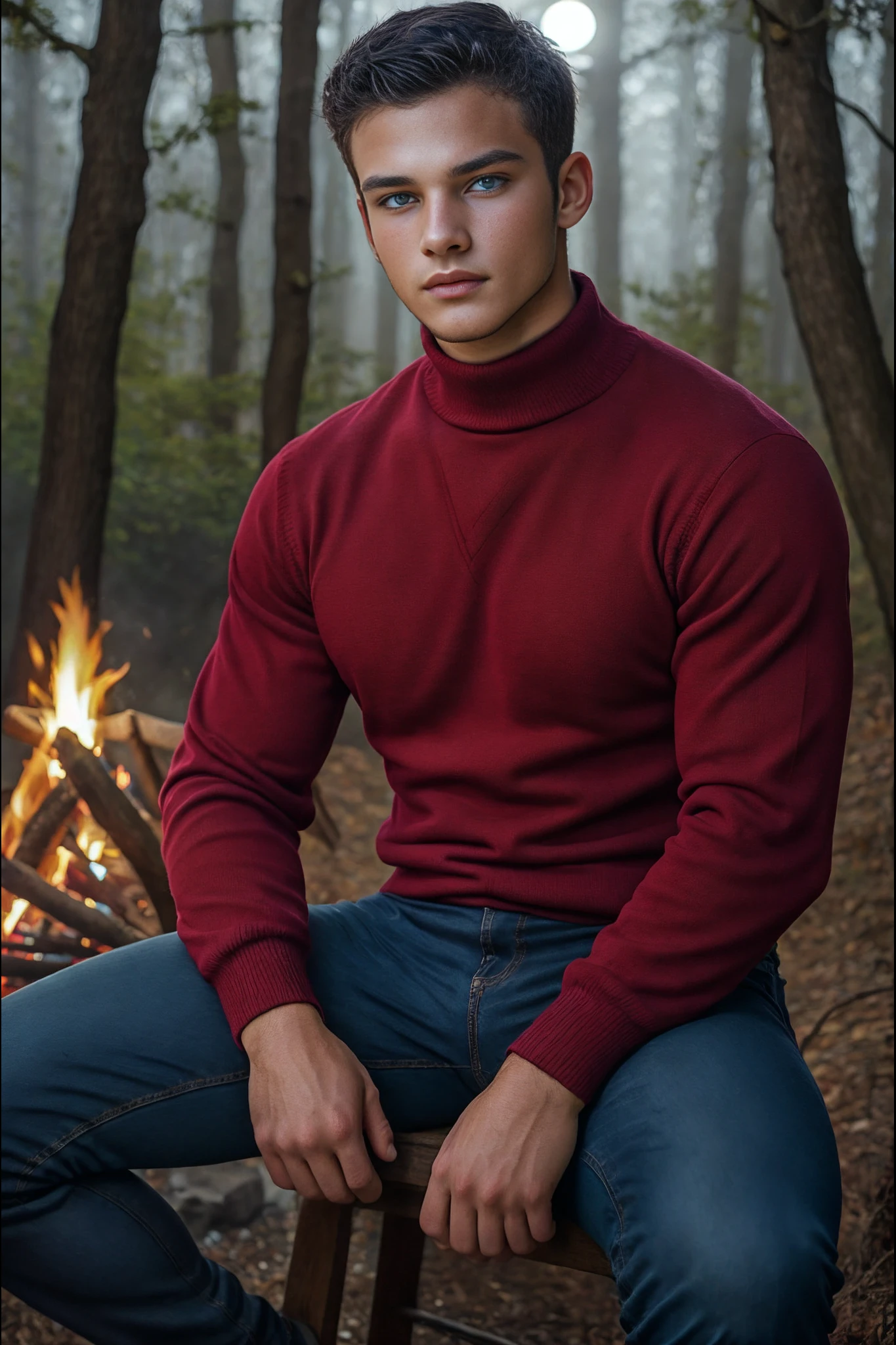 <lora:Michael_West_GV:1>1boy, young man, 21 years old, slender twink, black hair, blue eyes, college student, Masterpiece, photo-realistic, Crystal clear, highly detailed, An incredibly attractive, stunningly handsome young twink, wearing a sweater and jeans, sitting near a bonfire in a dark forest at night.