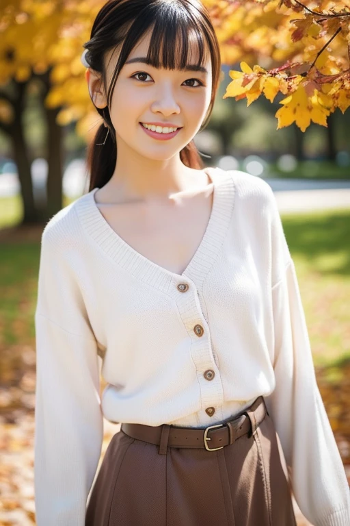 1girl,,(RAW photo, best quality), (realistic, photo-realistic:1.4), masterpiece, an extremely delicate and beautiful, extremely detailed, 2k wallpaper, Amazing, finely detail, extremely detailed CG unity 8k wallpaper, ultra-detailed, highres, soft light, beautiful detailed girl, extremely detailed eyes and face, beautiful detailed nose, beautiful detailed eyes,cinematic lighting,perfect anatomy,slender body
(at a park), (autumn scenery),(golden gingko leaves in the background), Tokyo university, (bokeh)
(wearing blouse and cardigan) (long skirt)
smiling,teeth visible
<lora:suzuharanozomiV2_lora:0.8> <lora:chest size:-1.5>