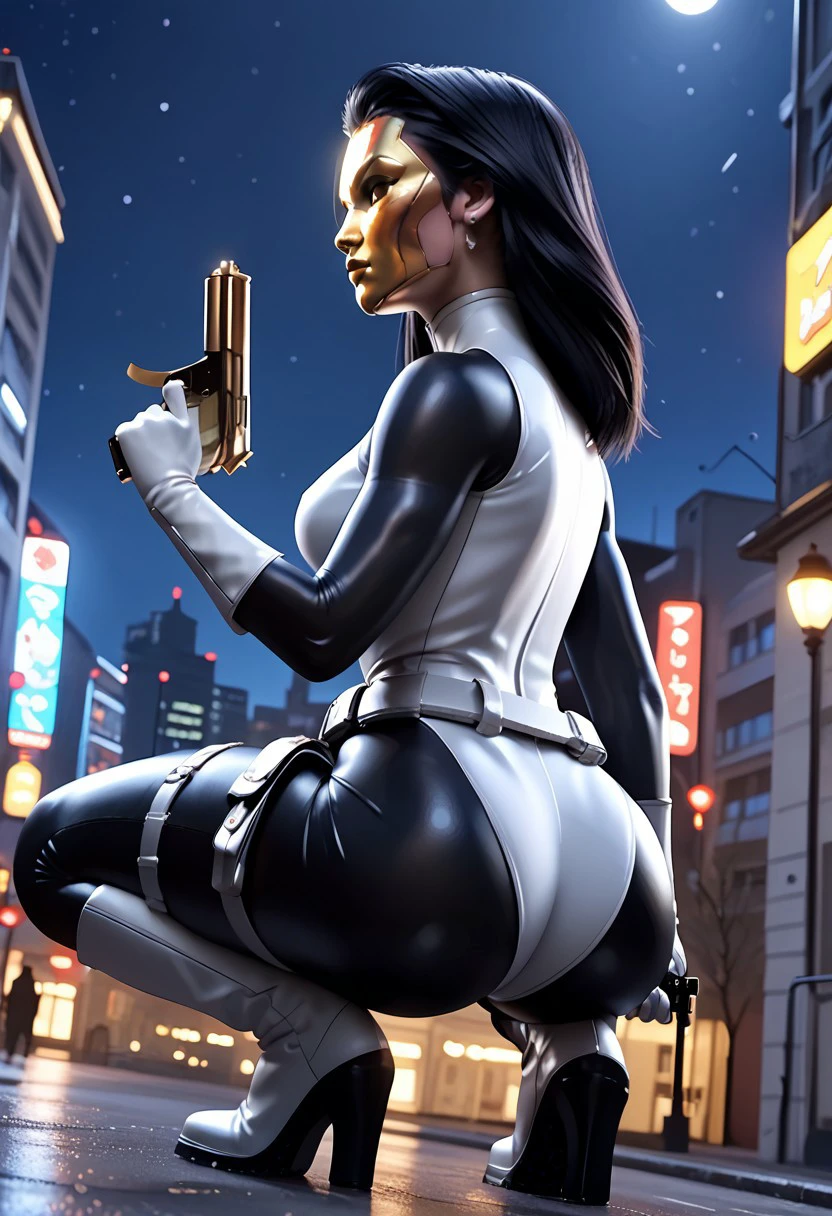 Score_9, score_8_up, score_7_up, best quality, 3d,, from behind
Madame Masque, 1girl, Gold Mask, Bodysuit, white letoard, Gloves, Belt, Holster, Boots, large breasts, thick thighs, skinny waist, looking at to the side, from below, hair flick, hand in hair, ass focus, ass, black hair, handgun, holding gun, squatting, fat ass, latex, skin tight, outdoors, night, cityscape,