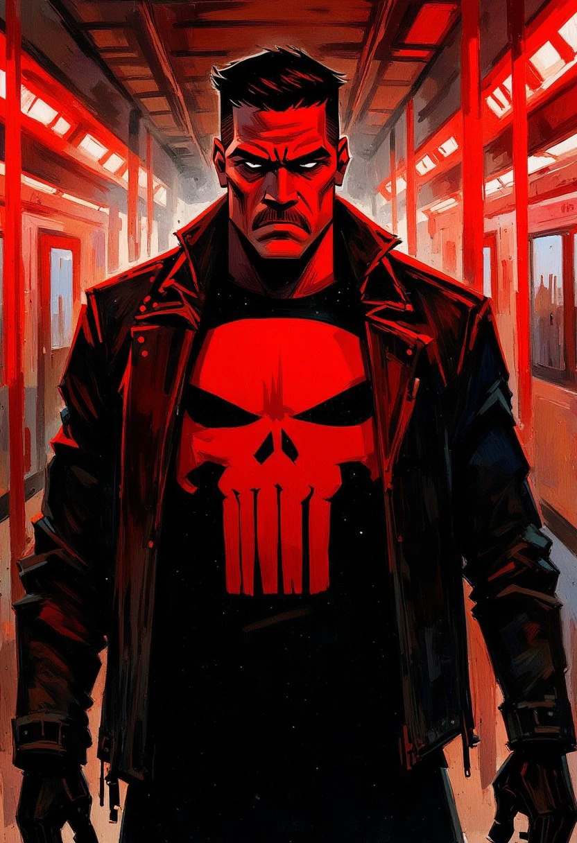 oil painting portrait rendered in a loose, impressionistic style with thick, expressive brush strokes. The scene is set in a dimly lit subway station, depicted in a dramatic, high-contrast color scheme with a strong red and black palette. The focal point is a muscular man in a leather jacket with a stern, intense expression, likely a character named The Punisher, known for his vigilante persona. He has short, dark hair and a rugged, weathered face.