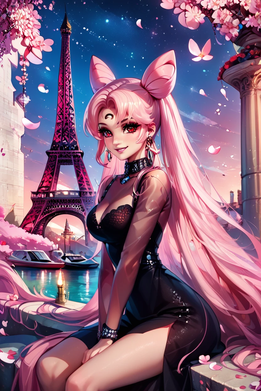 score_9, score_8_up, score_8, large breasts, (curvy), cute, eyelashes, ,,, , ,,, zzBlckLdy, red eyes, pink hair absurdly long hair, pink hair, absurdly long hair, see-through, black dress, <lora:BlackLady_PDXL_v4:0.8>, ,,,, BREAK, zzEiffelTower in background, sitting, watercraft, boat, sitting on wall, side view, looking at viewer, smile, ,,, BREAK, blooming stars, luminescent petals, otherworldly fragrance blurry background, ,,, embedding:zPDXL, Expressiveh, ,,, <lora:EiffelTowerPDXL:1.0>, <lora:CatalystStylePDXL:0.6>, <lora:SDXLFaeTastic2400:0.5>, <lora:Expressive_H-000001:0.4>,