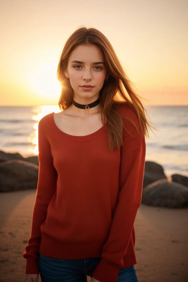 A young, cute 18-year-old Brazilian girl with a very slim and skinny figure, redhead, wearing a red lace choker around her neck and soft cateye makeup. She is dressed in an oversized knit jumper, exuding a cozy and softcore vibe. The warm, gentle lighting adds to the comfortable, Instagram-style aesthetic. The scene focuses on her upper body, with a cinematic feel and tones of black and red (black and red:0.85). A beautiful sunset in the background creates a soft, glowing ambiance (sunset beautiful background:1.3). The image is sharp, with dim and muted colors, enhancing the warm, intimate mood (dim colors). Her youthful and relaxed demeanor shines through in this Instagram-worthy shot with a red theme. (Instagram style, red theme, upper body shot)