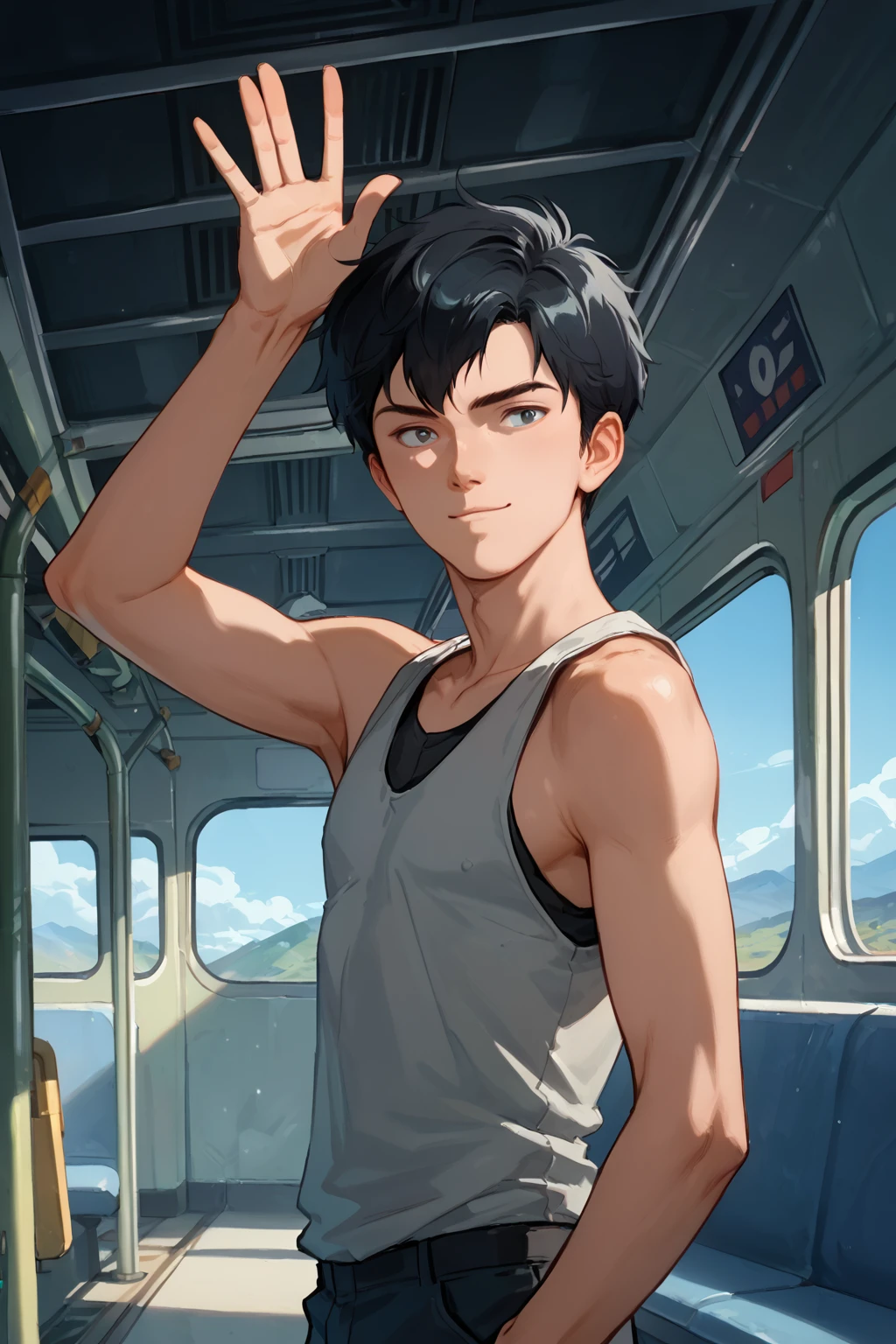 sci-fi illustration, gyunei, solo male, handsome face, black hair, slim build, tank top, <lora:gyunei:0.8>, space train station, waving, (score_9, score_8_up, score_7_up)