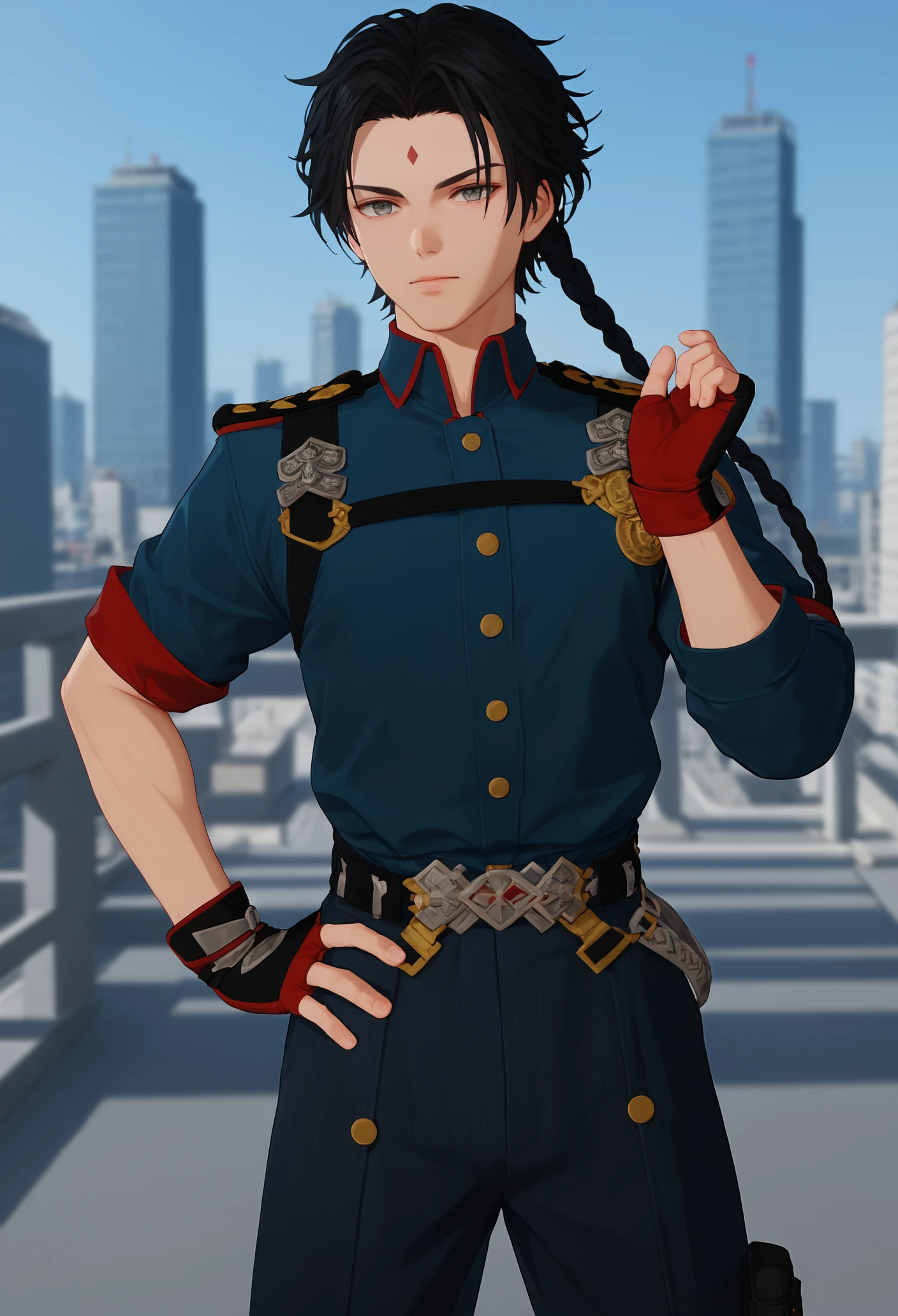 score_9, score_8_up, score_7_up, source_anime, rating_explicit, depth of field, city background, 
male focus, 1boy, hand on own hip, 
,  baili, 1boy, male focus, black hair, braid, grey eyes, forehead mark, military uniform, red fingerless gloves,<lora:add-detail-xl:1>,<lora:baili:1>