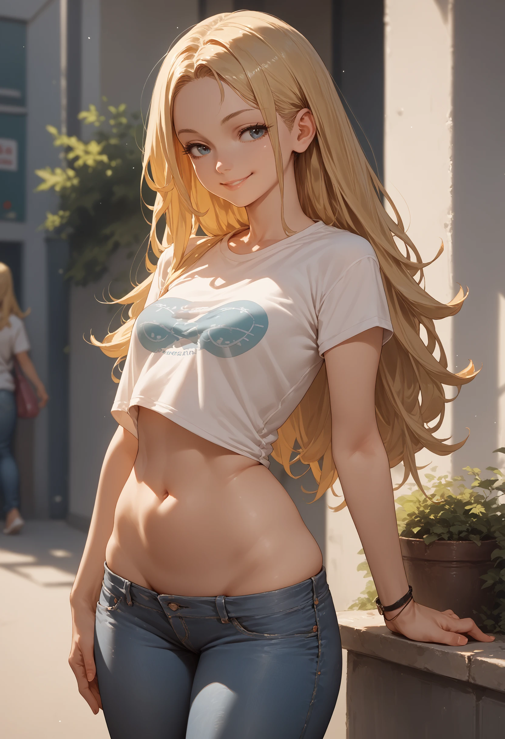 score_9, score_8_up, score_7_up, score_6_up, 1girl, blonde hair, long hair, lowleg, jeans, t-shirt, skindentation, smile, no panties, breasts, 
<lora:lowleg_v0.4-pony_done:1.0>