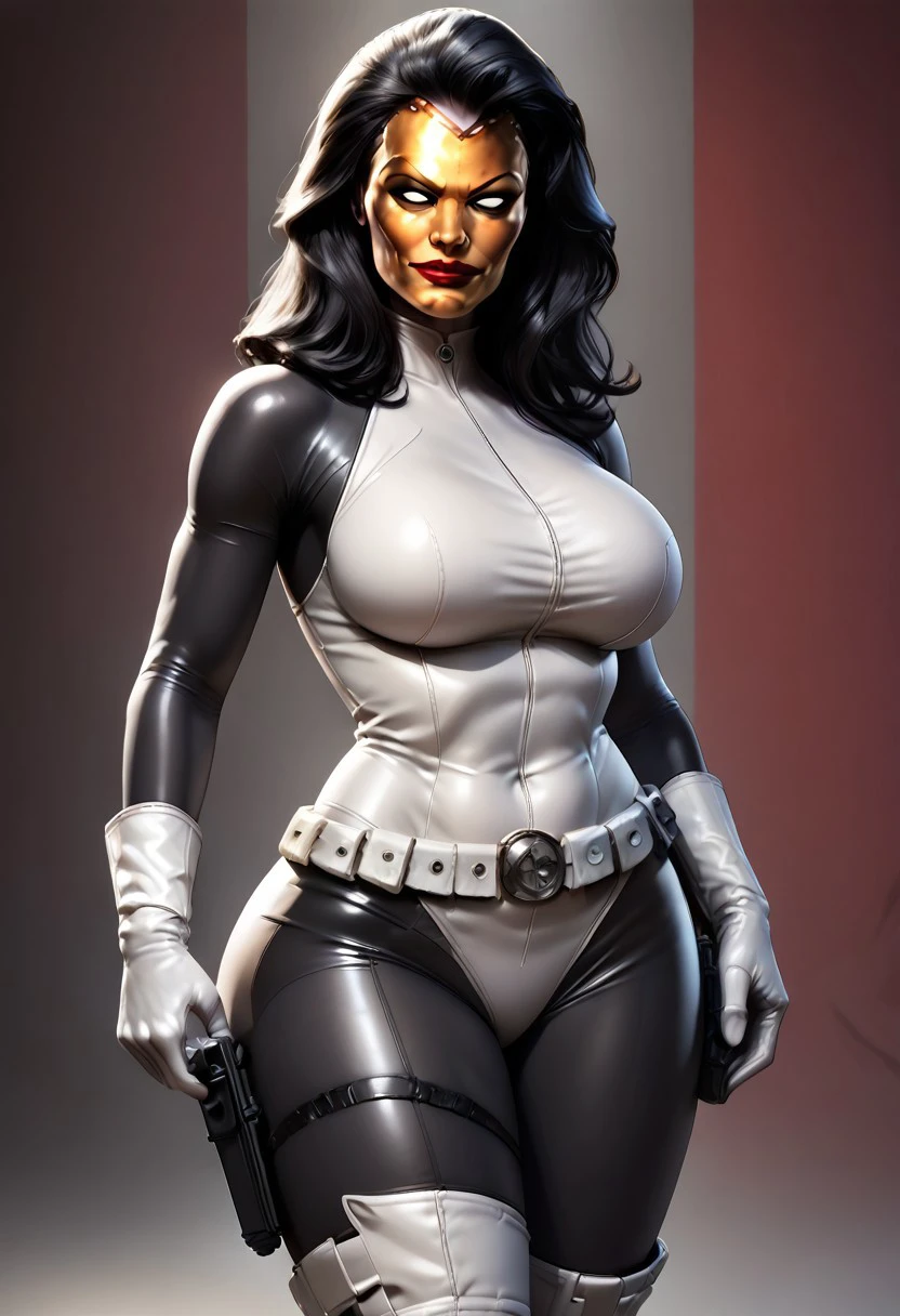 Score_9, score_8_up, score_7_up, best quality,
Madame Masque, 1girl, Gold Mask, Bodysuit, Gloves, Belt, Holster, Boots, huge breasts, thick thighs, sexy, latex, skin tight, skinny waist, looking at viewer, looking at viewer, smirk, white eyes, no pupils, white sclera, full body, red lips <lora:seductive-smile-ponyxl-lora-nochekaiser:1>, seductive smile, come hither, naughty face,