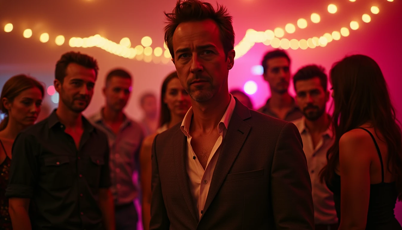 Edward Norton dressed up at a party in a house full of people celebrates