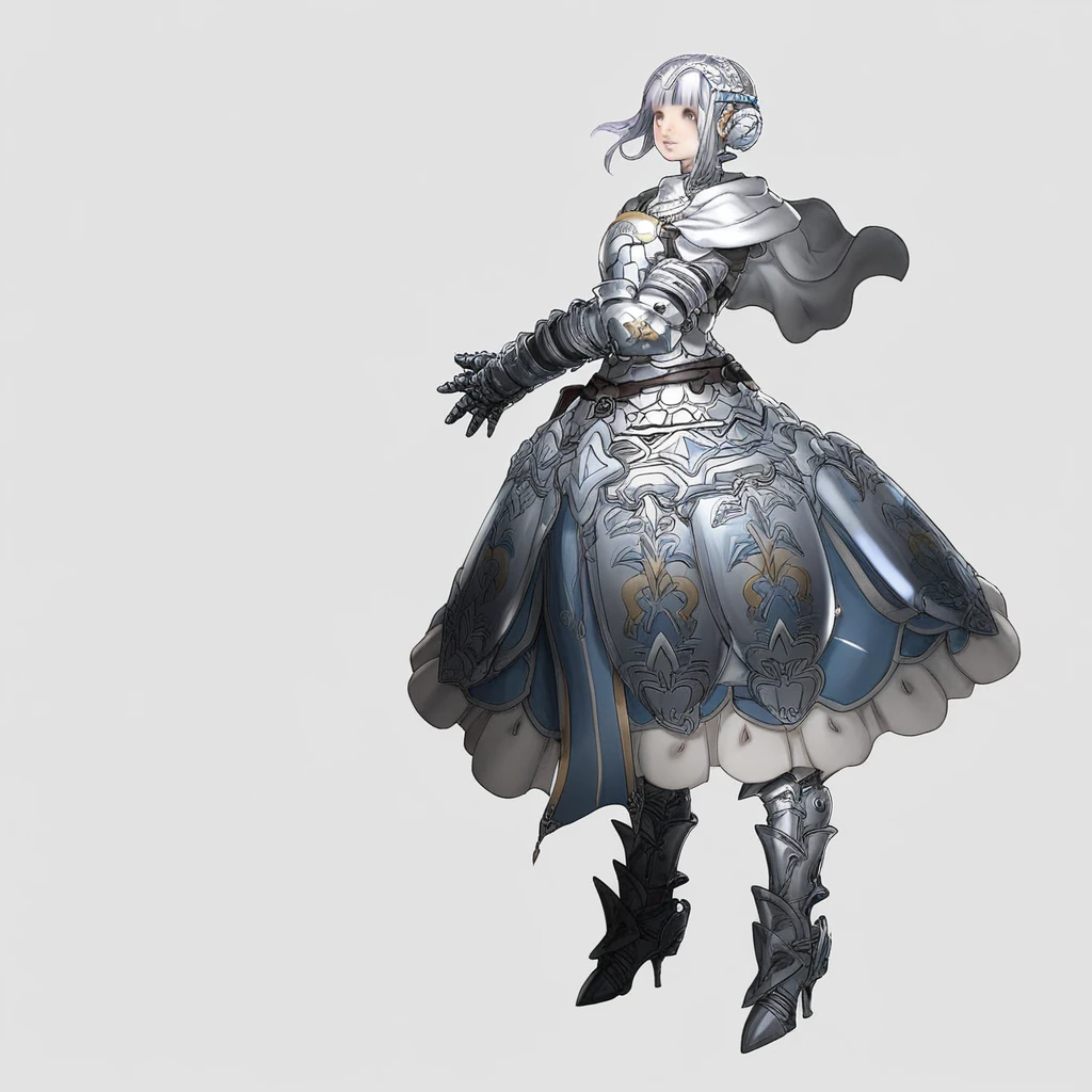 Braided buns,grey hair,blue eyes,armored hairband,jewelry,hair ornaments,short shoulder cape,gauntlets,armored boots,armored high heels,armored dress,multicolored skirt,puffy pants,armored gloves,breastplate,ornamented armor,waist belt,blunt bangs,high quality,good resolution,elegant lady,female knight,standing,posing,simple background,