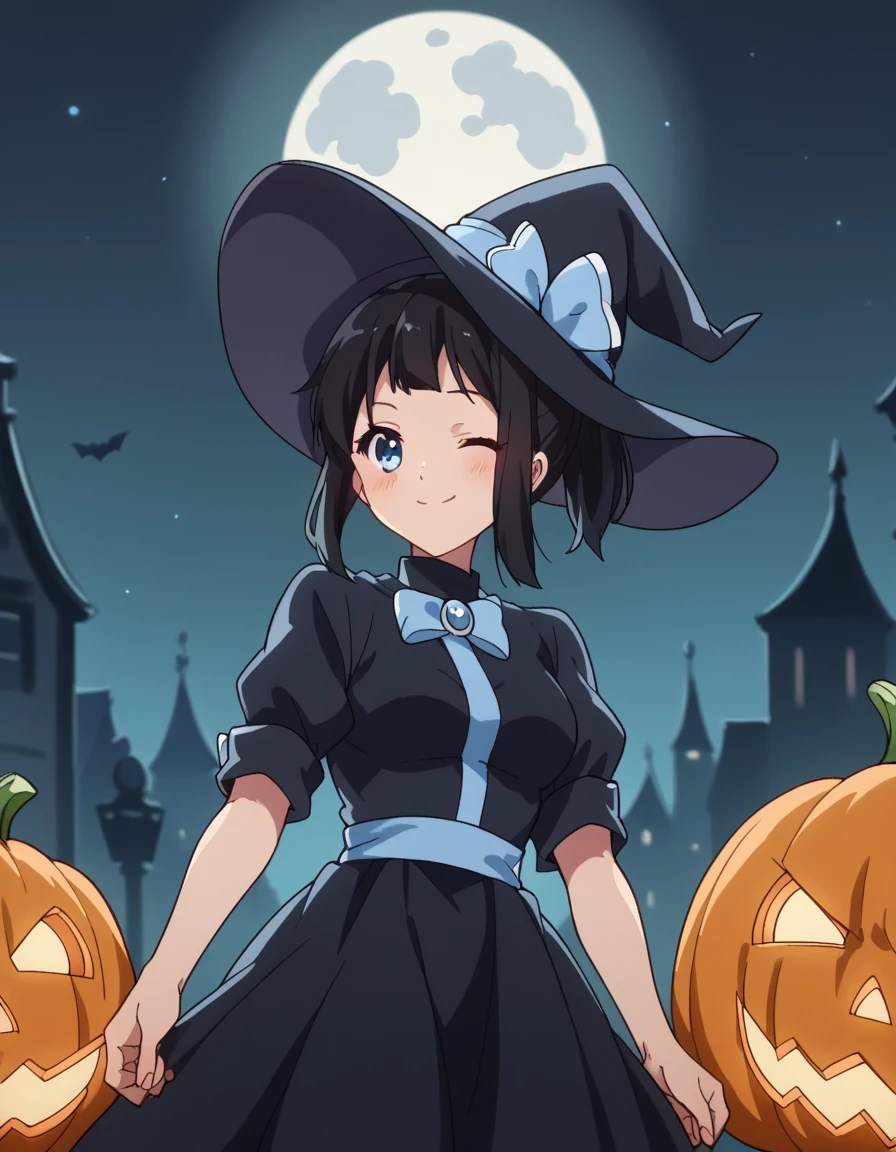 score_9, score_8_up, score_7_up, source_anime, <lora:azusa-sasaki-s2-ponyxl-lora-nochekaiser:1>, azusa sasaki, blue eyes, black hair, bow, ponytail, hair bow, medium breasts,, <lora:witch-ponyxl-lora-nochekaiser:1>, witch, hat, witch hat, dress, halloween, halloween costume, jewelry,, night, moon, blush, smile, one eye closed,, , dutch angle, cowboy shot