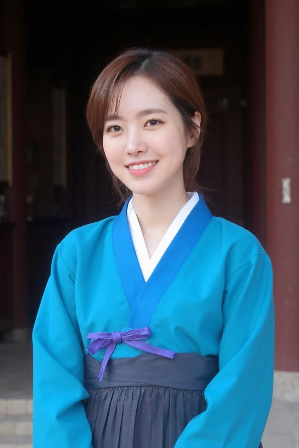 In a smiling young korean woman is dressed in traditional Korean clothing, known as a hanbok. The hanbok consists of a vibrant blue jeogori (the upper garment) and a dark grey or black chima (a long, full skirt). The jeogori has a small purple ribbon tied in front, adding a touch of color contrast. The outfit exudes elegance and simplicity, reflecting traditional Korean aesthetics.
Her hair is neatly parted and styled in a classic low bun, which complements the traditional nature of her attire. This type of hairstyle was common in historical periods of Korea, particularly among women of noble or upper-class status, or in a formal context.
The womanâs expression is calm but slightly distant, as if she is deep in thought or observing something. korean palace interior background.
This type of clothing and setting suggest the woman could be from a historical drama or a reenactment of a past era, with the focus on portraying elegance and tradition., <lora:flux_realism_lora:1>,<lora:makinaflux_jinseyeon_v1.0:1>