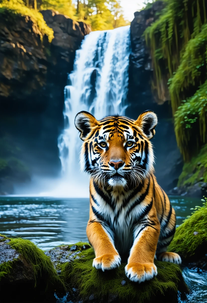 a epic landscape portrait shot of a tiger cub and a waterfall