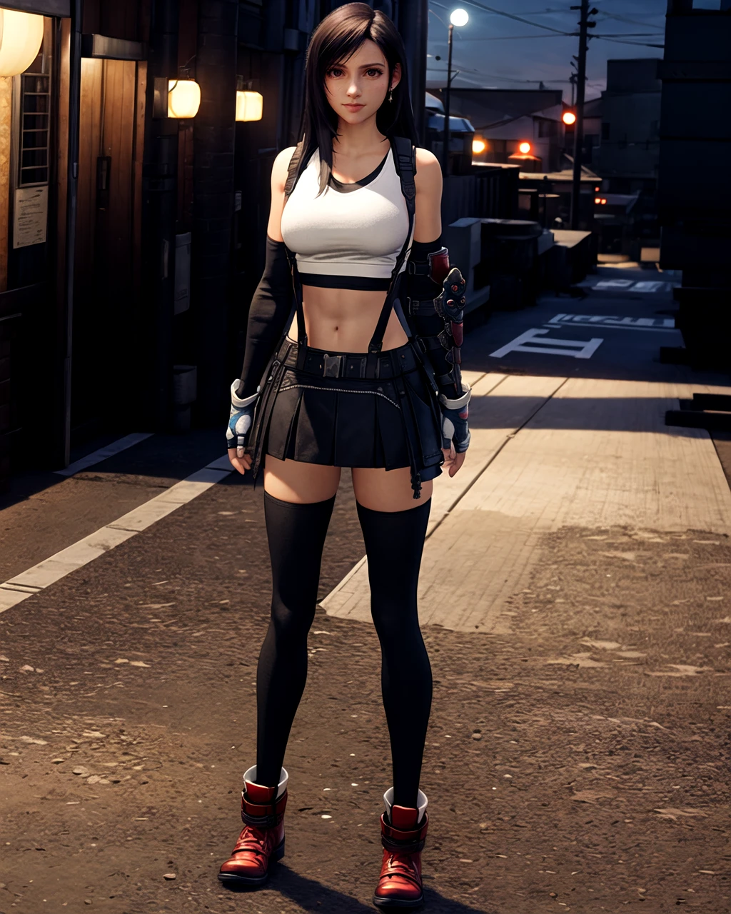 ((masterpiece, best quality;1.3)), ultra detailed, detailed background, tifa lockhart, final fantasy vii remake, ankle boots, red footwear, black skirt, suspender skirt, black thighhighs, white tank top, crop top, elbow gloves, single elbow pad, head rest, fingerless gloves, gloves, black hair, very long hair, big breasts, detailed eyes, ultra detailed eyes, suspenders, standing with back, full length, sports bra, outside, industrial zone background, narrow street, night, puddles on asphalt, reflection, small moon in sky, starry, after rain, fit body, <lora:Tifa-Lockhart-Final-Fantasy-VII-Remake-Intergrade-SD15:0.8>