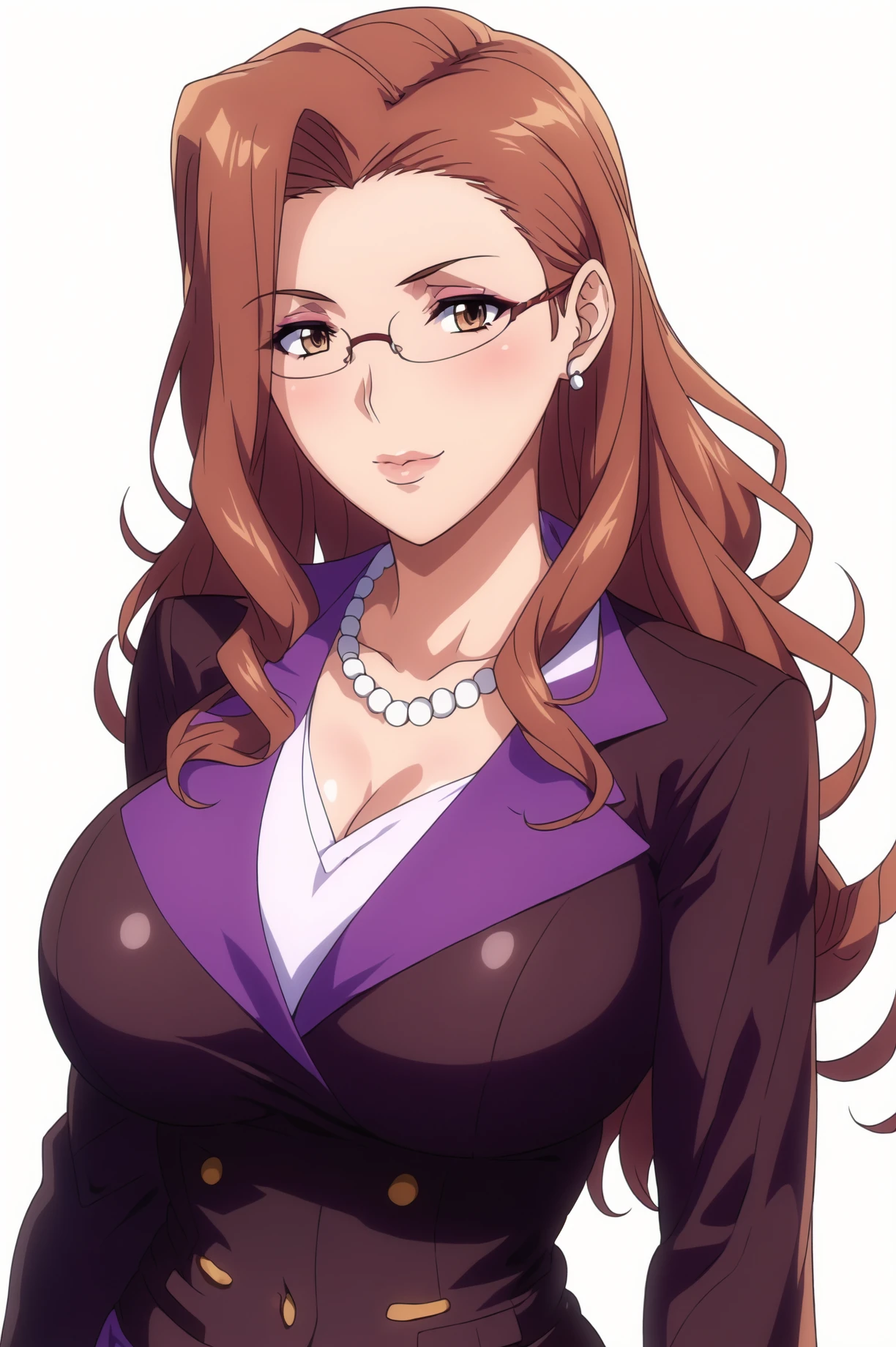 Simple Background,(White_Background:1.1),
dynamic pose,standing at attention,
office lady, business suit, formal, purple jacket, pencil skirt, 
<lora:Kanako_Shiraishi_WifeStealingZero-KK77-V1:0.7>, Kanako_Shiraishi_WifeStealingZero, jewelry, gem, pearl necklace,semi-rimless eyewear, 
brown eyes, brown hair,bangs,Long hair, wavy hair, Makeup, red lipstick, 
<lora:more_details:0.1>,<lora:NovelAI_YesMix5_KKStyle-KK77-Yes5-V1:0.3>,<lora:Oda_Non_Style2-KK77-Yes5-V1:0.3>,
1 girl, 20yo,Young female,Beautiful long legs,Beautiful body,
Beautiful Nose,Beautiful character design, perfect eyes, perfect face,expressive eyes,perfect balance,
looking at viewer,(Focus on her face),closed mouth, (innocent_big_eyes:1.0),(Light_Smile:0.3),
official art,extremely detailed CG unity 8k wallpaper, perfect lighting,Colorful, Bright_Front_face_Lighting,White skin,
(masterpiece:1.0),(best_quality:1.0), ultra high res,4K,ultra-detailed,
photography, 8K, HDR, highres, absurdres:1.2, Kodak portra 400, film grain, blurry background, bokeh:1.2, lens flare, (vibrant_color:1.2),professional photograph,
(Beautiful,large_Breasts:1.4), (beautiful_face:1.5),(narrow_waist),