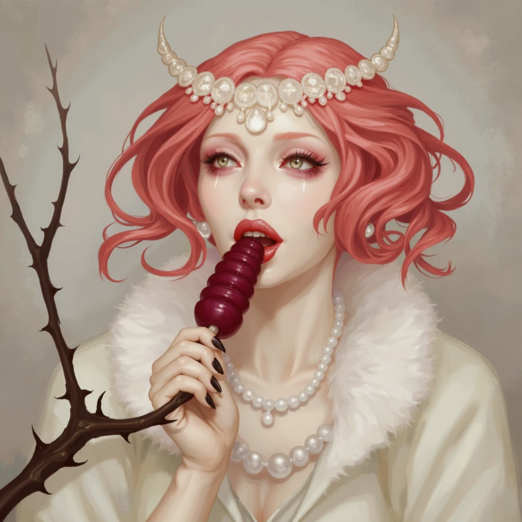 mhus, woman sucking on a dark red ribbed popsickle attached to a thorny branch, nide, pearl necklace, white fluff around head, spiraling pink hair protruding outwards, pearl jewelry in hair, pink around eyes, looking to the side, long black nails, small breasts