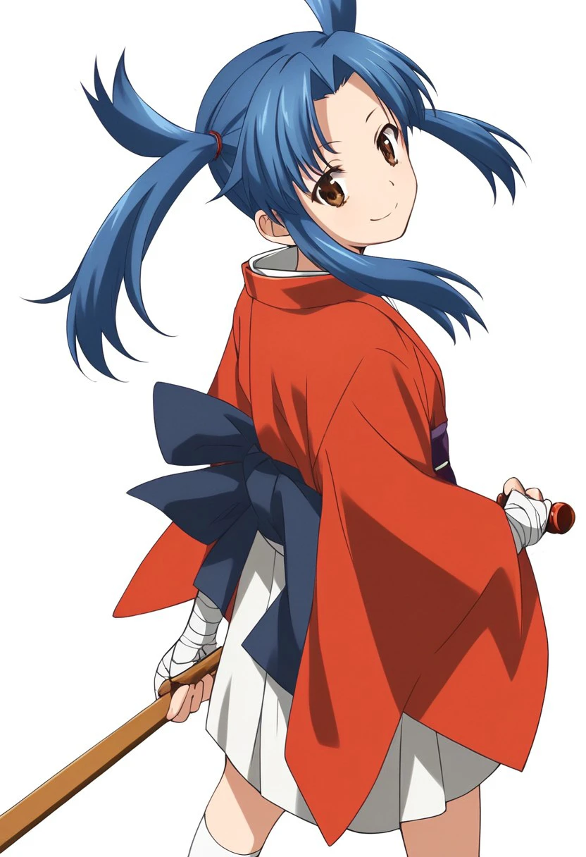 score_9, score_8_up, score_7_up, 
m1r4,
1girl, solo, long hair, looking at viewer, smile, bangs, skirt, simple background, white background, holding, twintails, brown eyes, closed mouth, blue hair, weapon, sidelocks, japanese clothes, socks, looking back, kimono, parted bangs, sash, bandages, hair intakes, short kimono