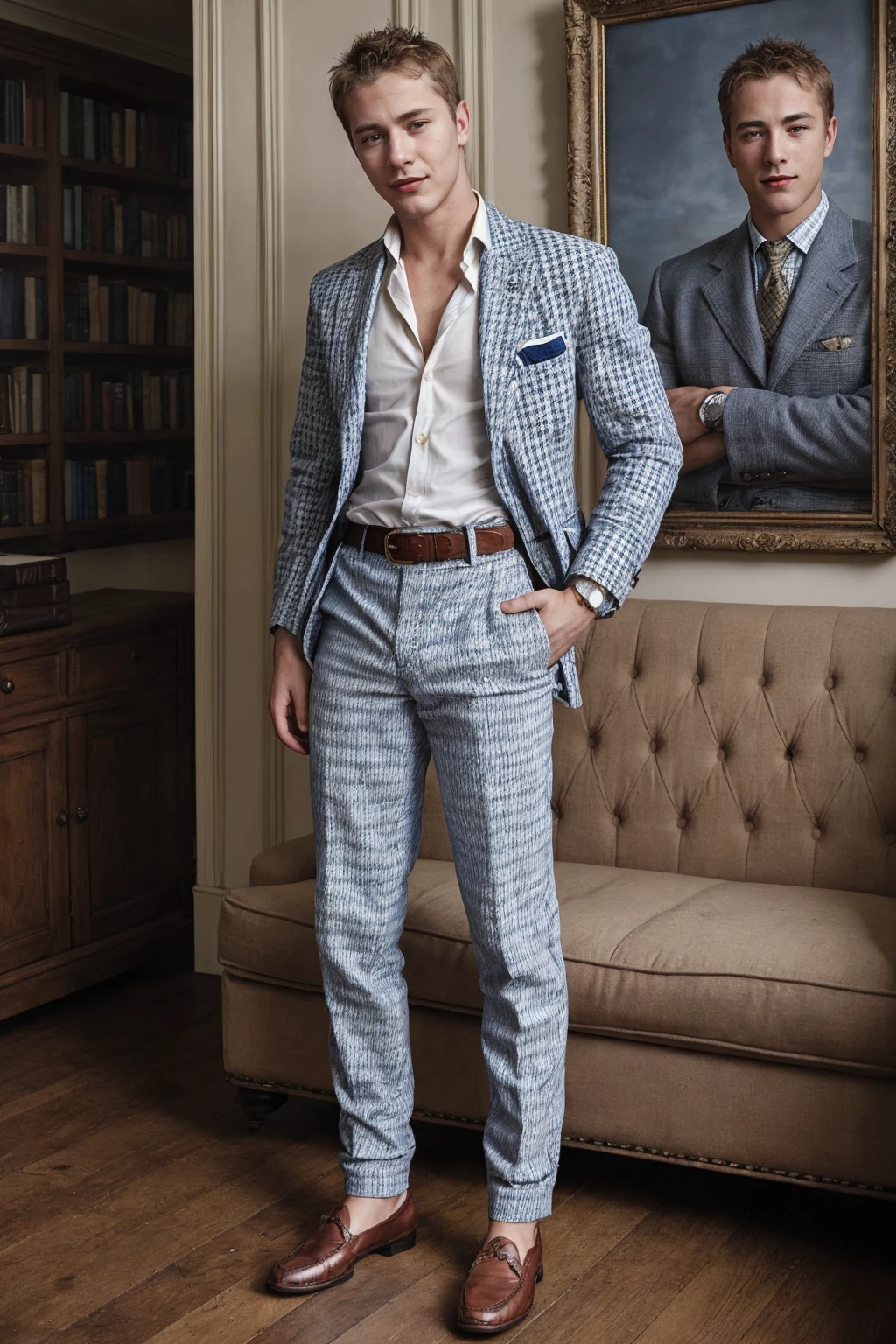 brochure, english text, books, <lora:cf_dru_epoch_7:0.8> cf_dru wearing blue houndstooth blazer and chinos and loafers, vintage belt, Ralph Lauren editorial, relaxed confidence, (smirk:0.5), rim lighting <lora:Rembrandt Lighting style SD1.5:0.5>, wide angle, (indoor plant:0.5)